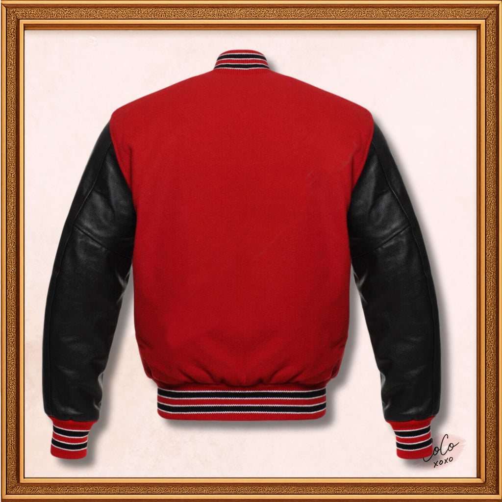 Baseball Bomber Red Wool and Genuine Black Leather Sleeves Varsity Jacket
