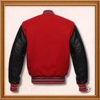 Baseball Bomber Red Wool and Genuine Black Leather Sleeves Varsity Jacket