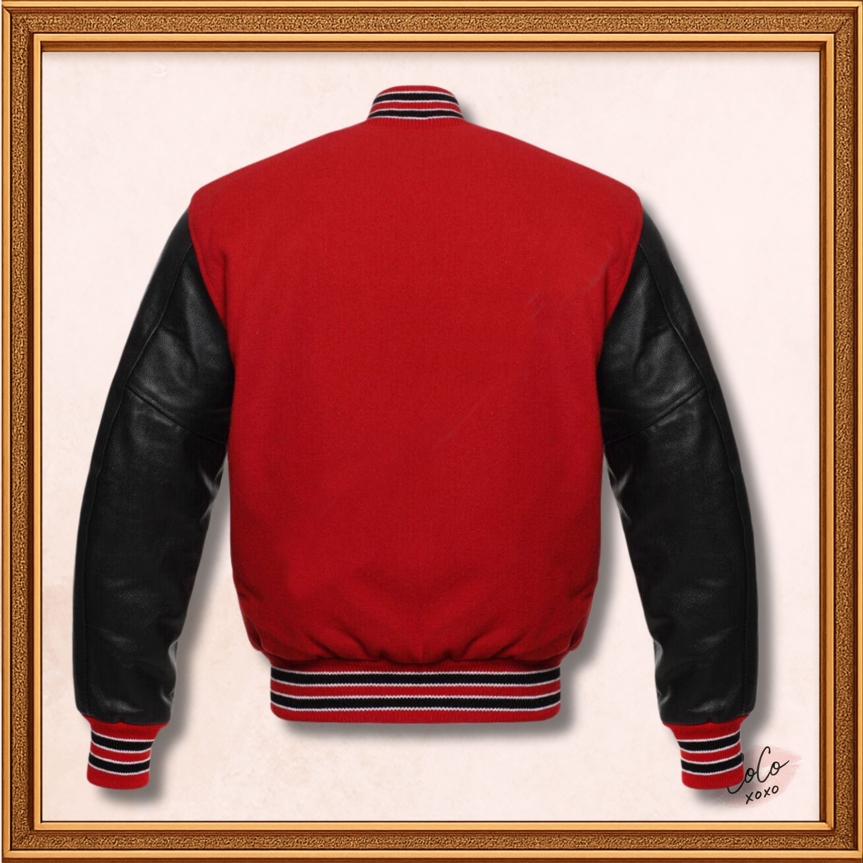 Baseball Bomber Red Wool and Genuine Black Leather Sleeves Varsity Jacket