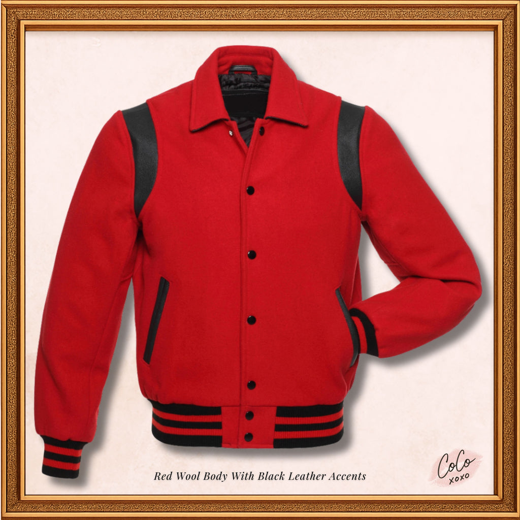 Varsity-Jacke aus roter Wolle mit Byron-Kragen und schwarzen Lederstreifen 