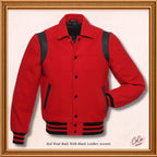 Varsity-Jacke aus roter Wolle mit Byron-Kragen und schwarzen Lederstreifen 