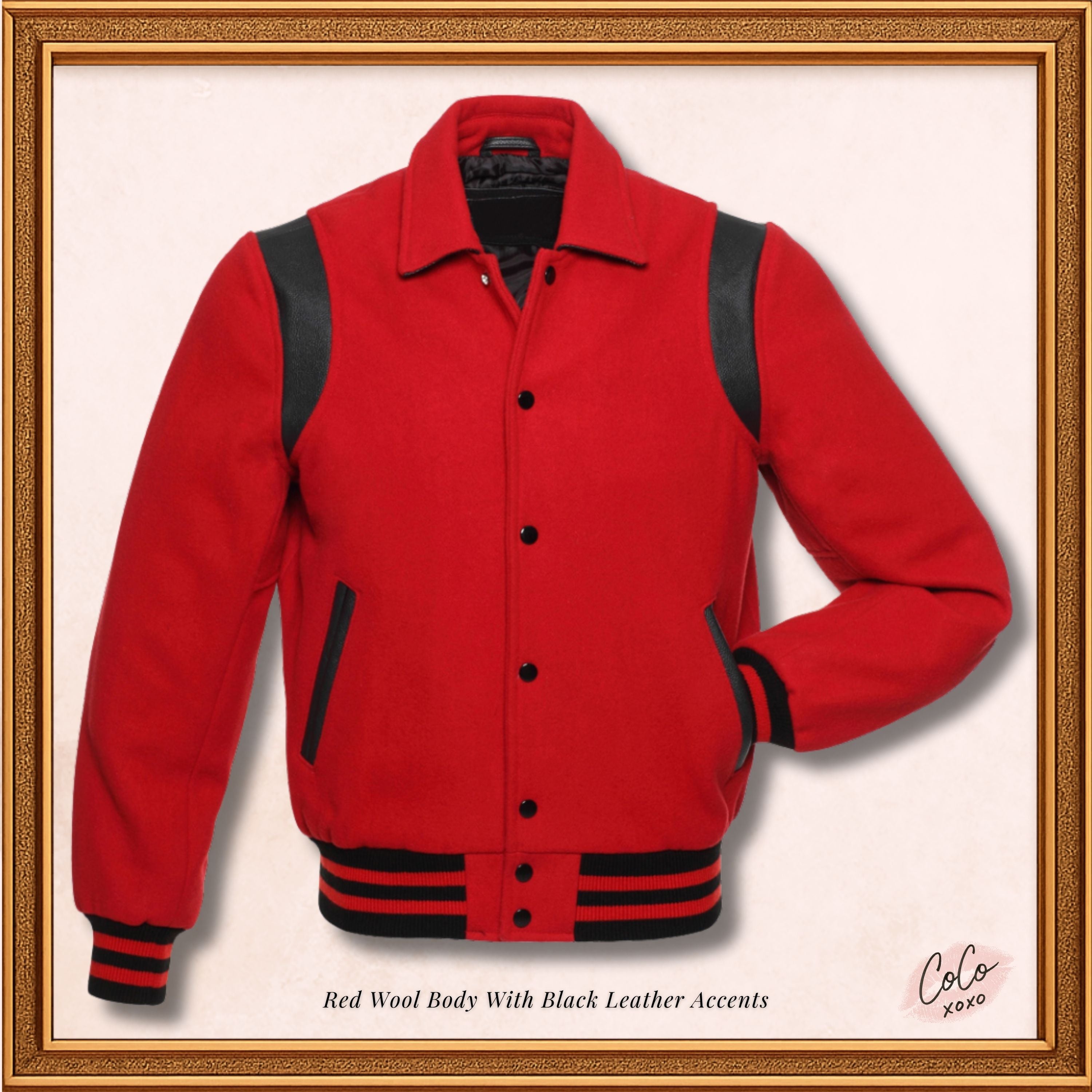 Byron Collar Red Wool with Black Leather Stripes Varsity Jacket