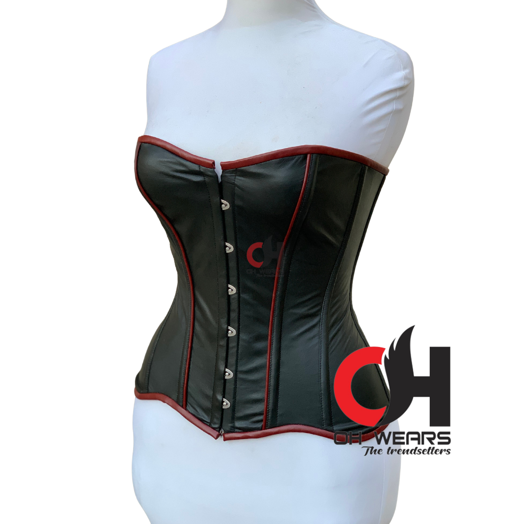 Women Overbust Black Leather Corset Heavy Steel Boned