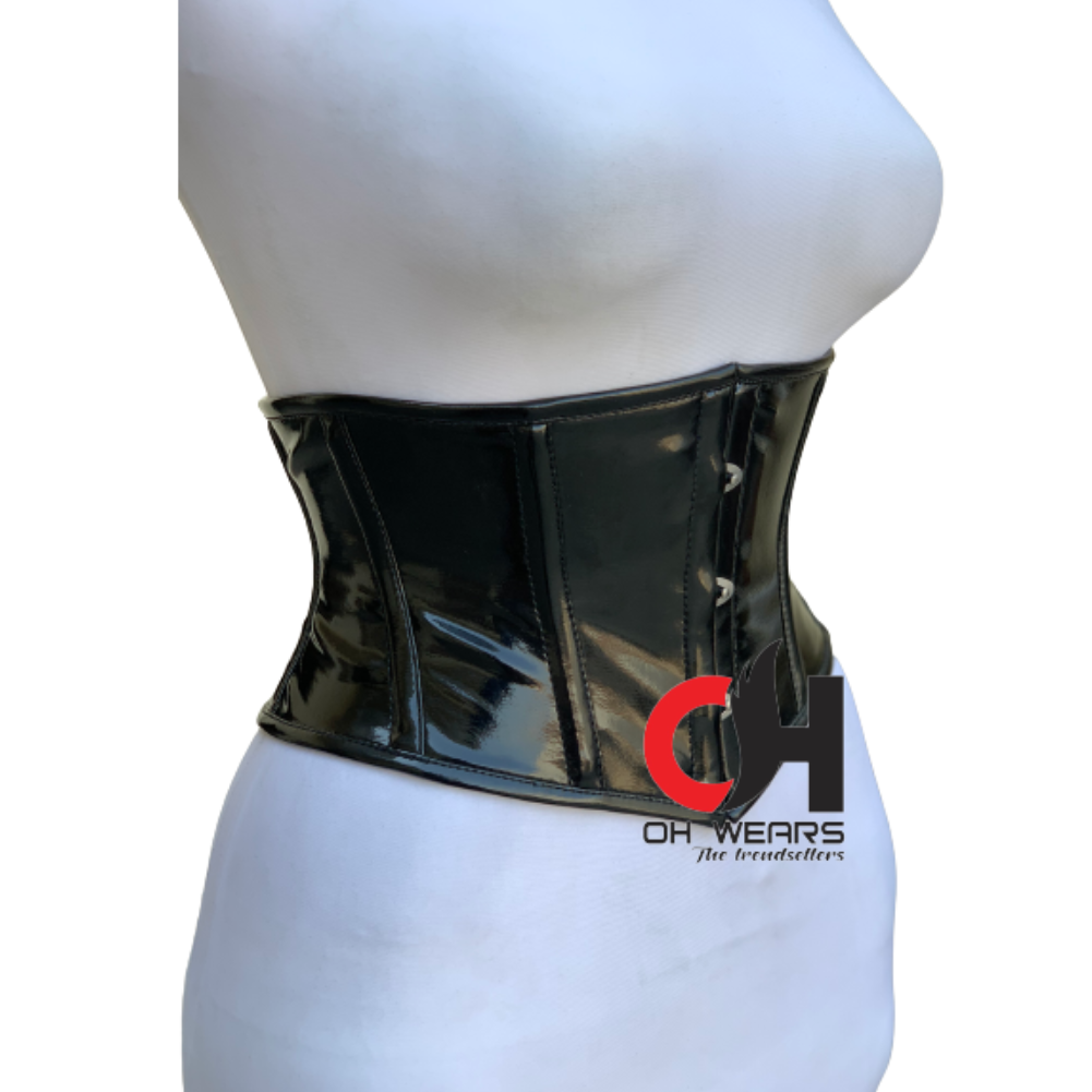 Underbust Black PVC Steel Boned Fashion Corset With Tight Lacing