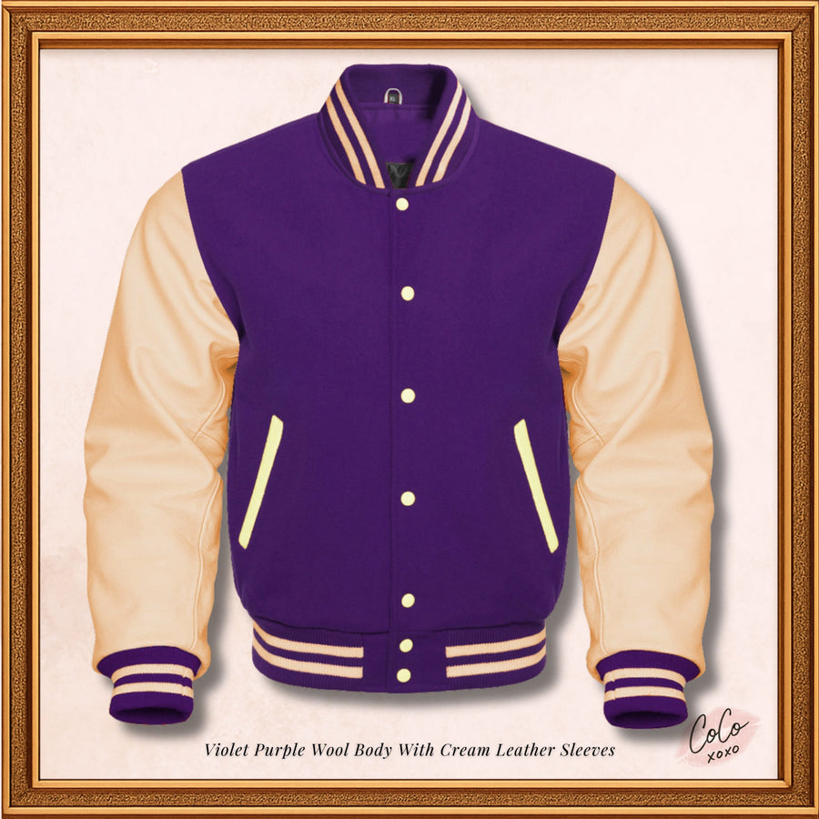 Chaqueta con mangas universitarias de lana morada y cuero crema genuino 