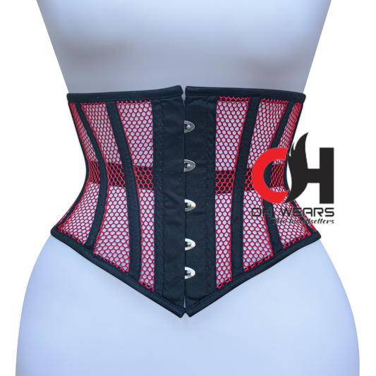 Red Mesh Black Cotton  Underbust Corset Steel Boned