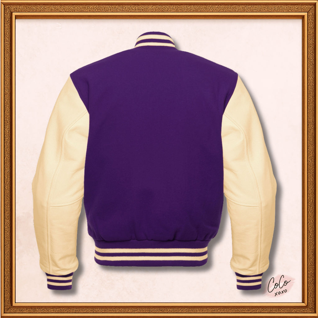 Purple Wool and Genuine Cream Leather Varsity Sleeves Jacket
