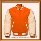 Orange Wool and Genuine Cream Leather Sleeves Varsity Jacket