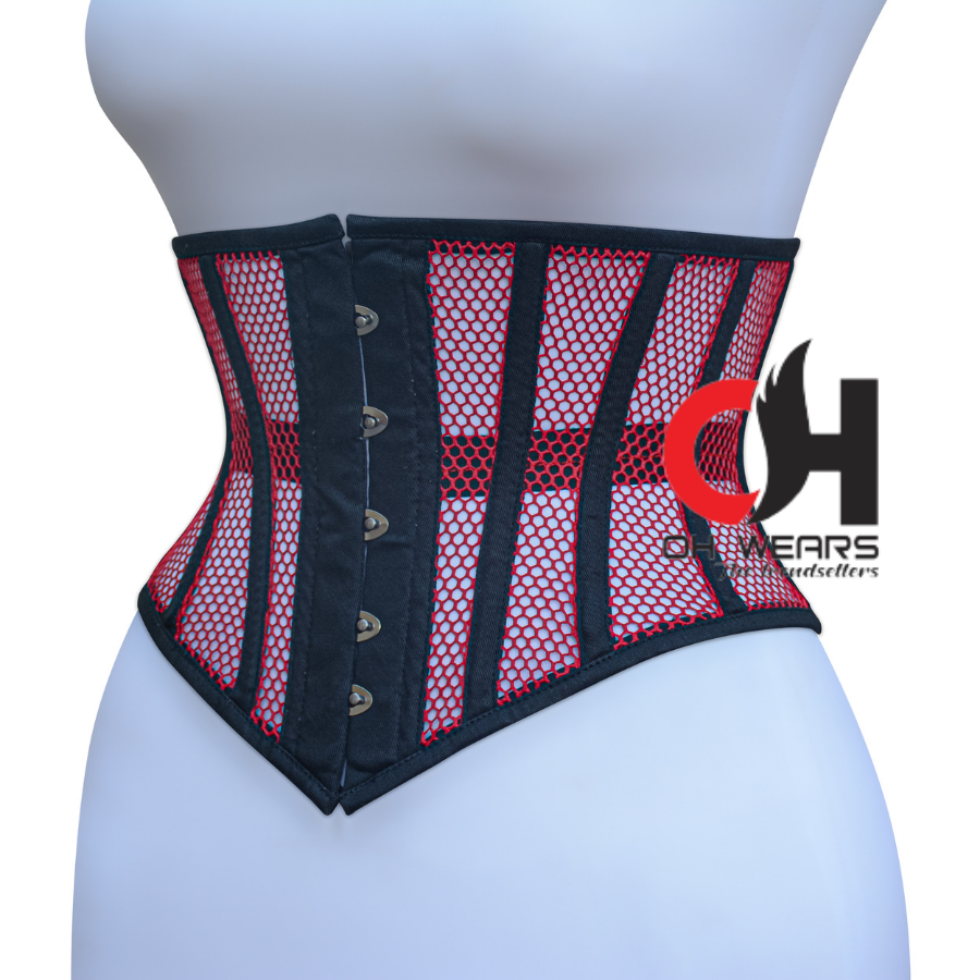 Red Mesh Black Cotton  Underbust Corset Steel Boned