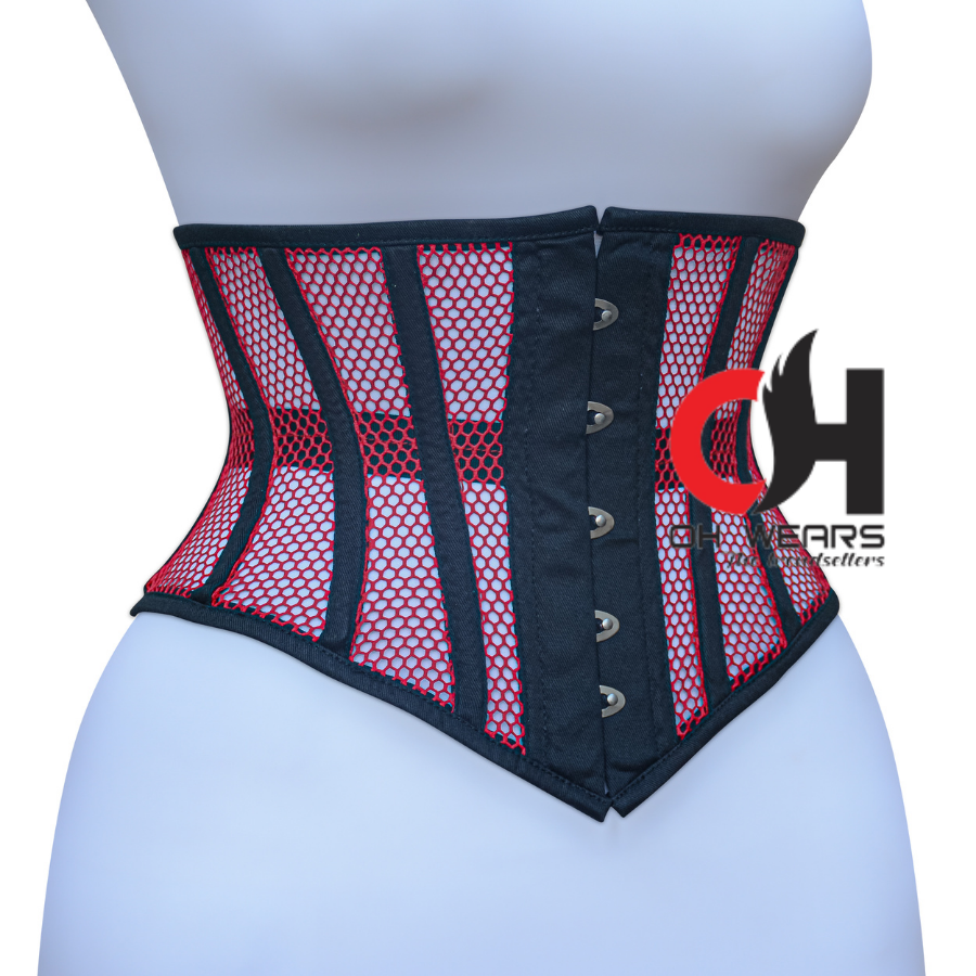 Red Mesh Black Cotton  Underbust Corset Steel Boned