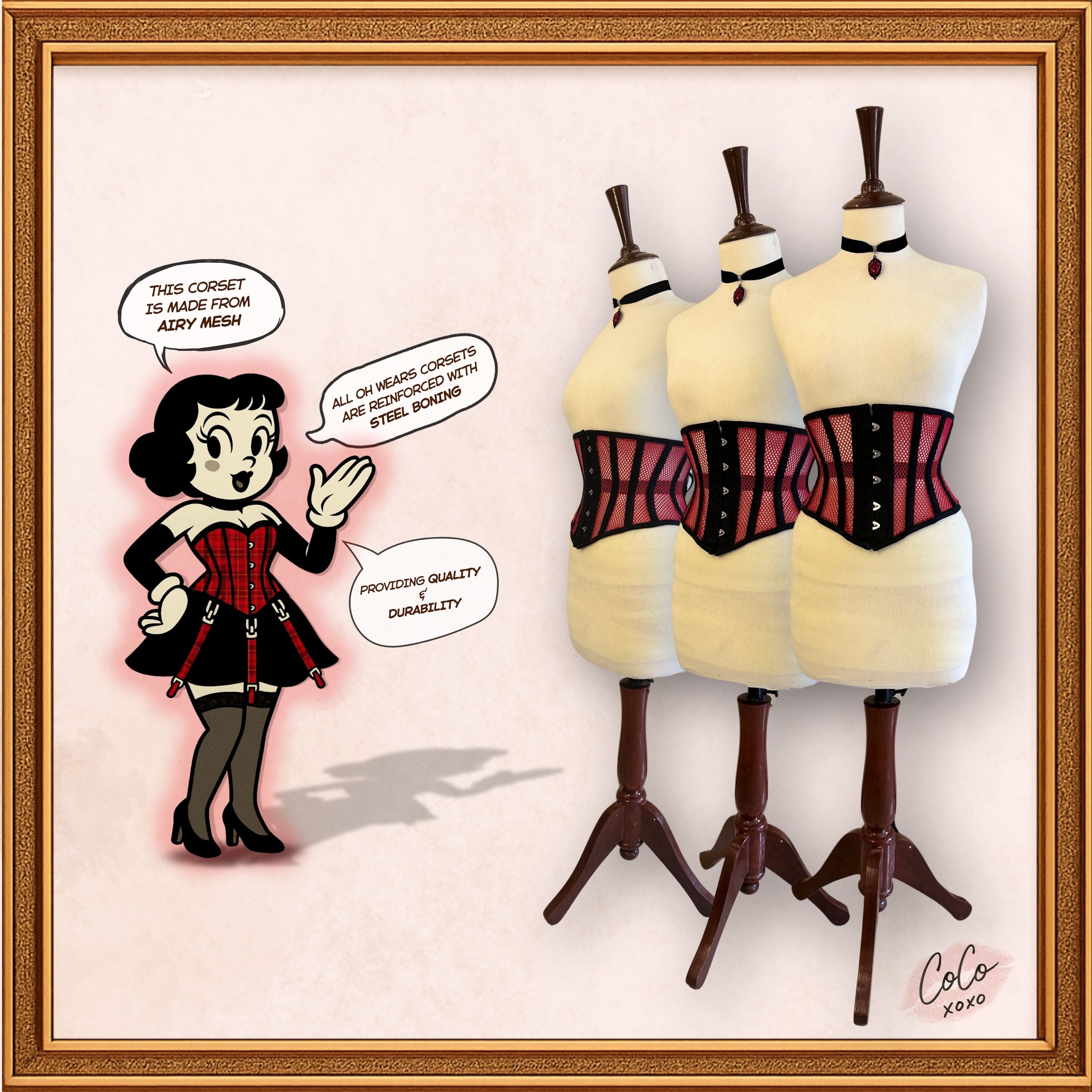 Black/Red Cotton Mesh Midbust/Waspie Corset