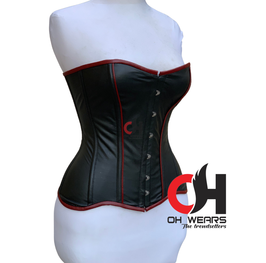 Women Overbust Black Leather Corset Heavy Steel Boned