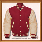 Maroon Wool and Genuine Cream Leather Sleeves Varsity Jacket