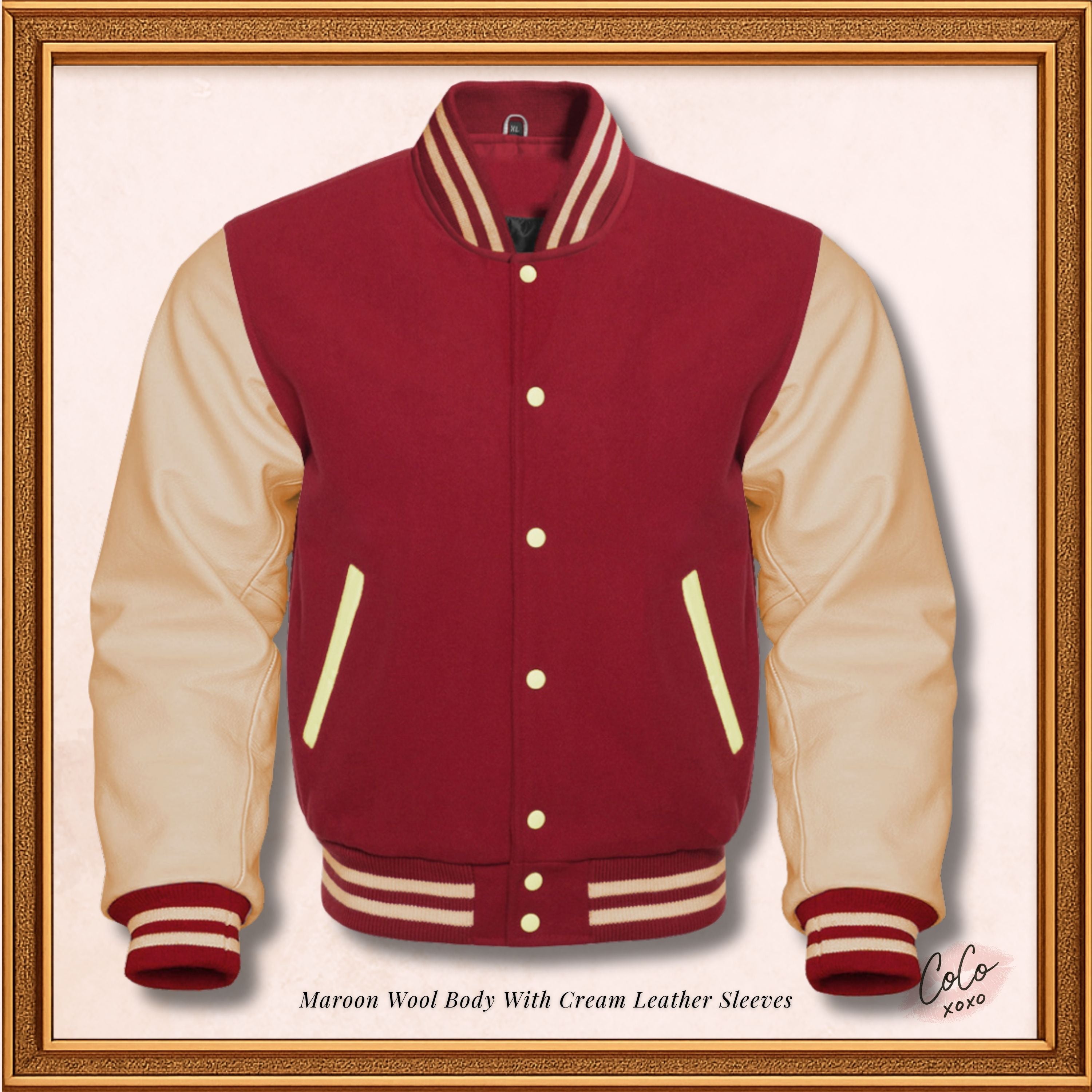 Maroon Wool and Genuine Cream Leather Sleeves Varsity Jacket
