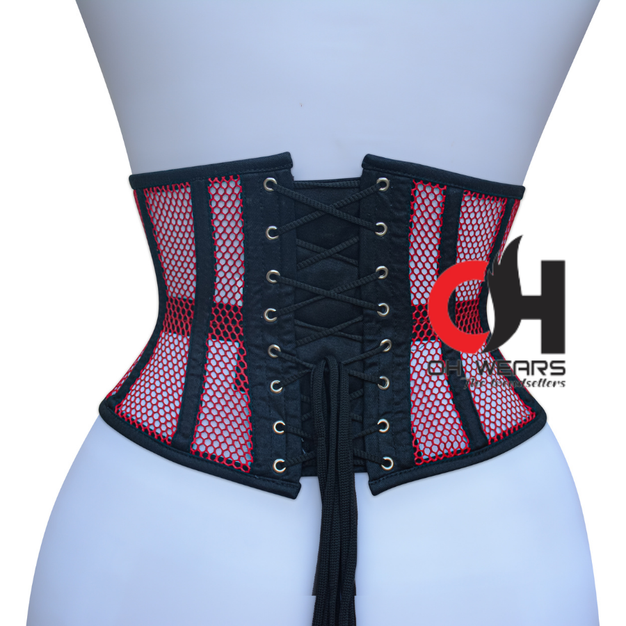 Red Mesh Black Cotton  Underbust Corset Steel Boned