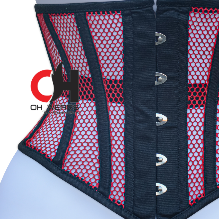 Red Mesh Black Cotton  Underbust Corset Steel Boned