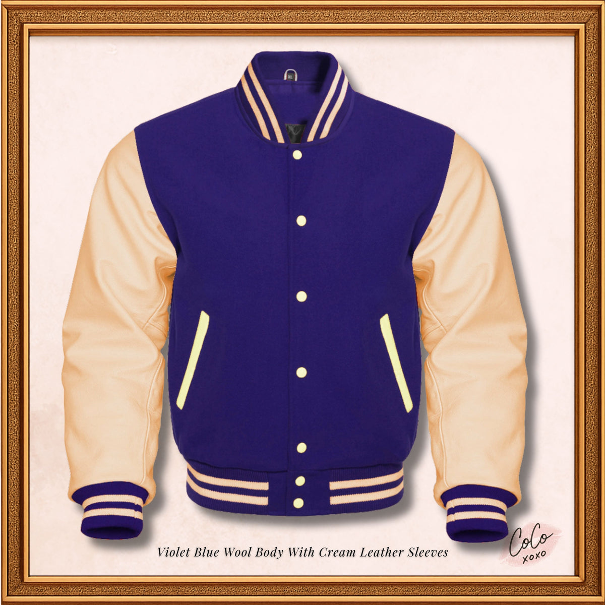 Chaqueta Varsity con mangas de lana azul y cuero genuino color crema Varsity