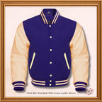 Navy Blue Wool and Genuine Cream Leather Sleeves Varsity Jacket Varsity