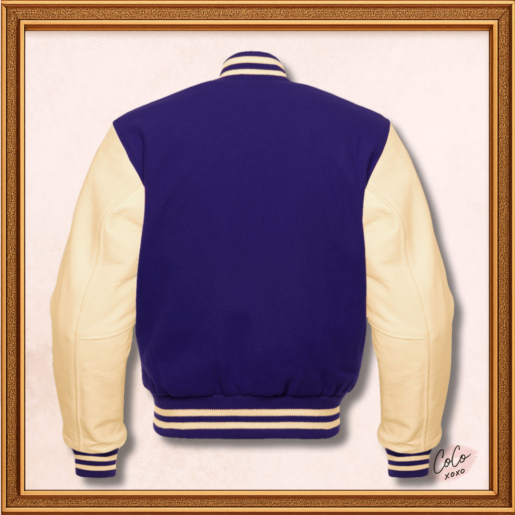 Navy Blue Wool and Genuine Cream Leather Sleeves Varsity Jacket Varsity