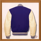 Navy Blue Wool and Genuine Cream Leather Sleeves Varsity Jacket Varsity