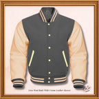 Custom Varsity Bomber Jacket in Dark Gray Wool and Genuine Cream Leather Sleeves, Custom Men’s, Kids Bomber Jacket