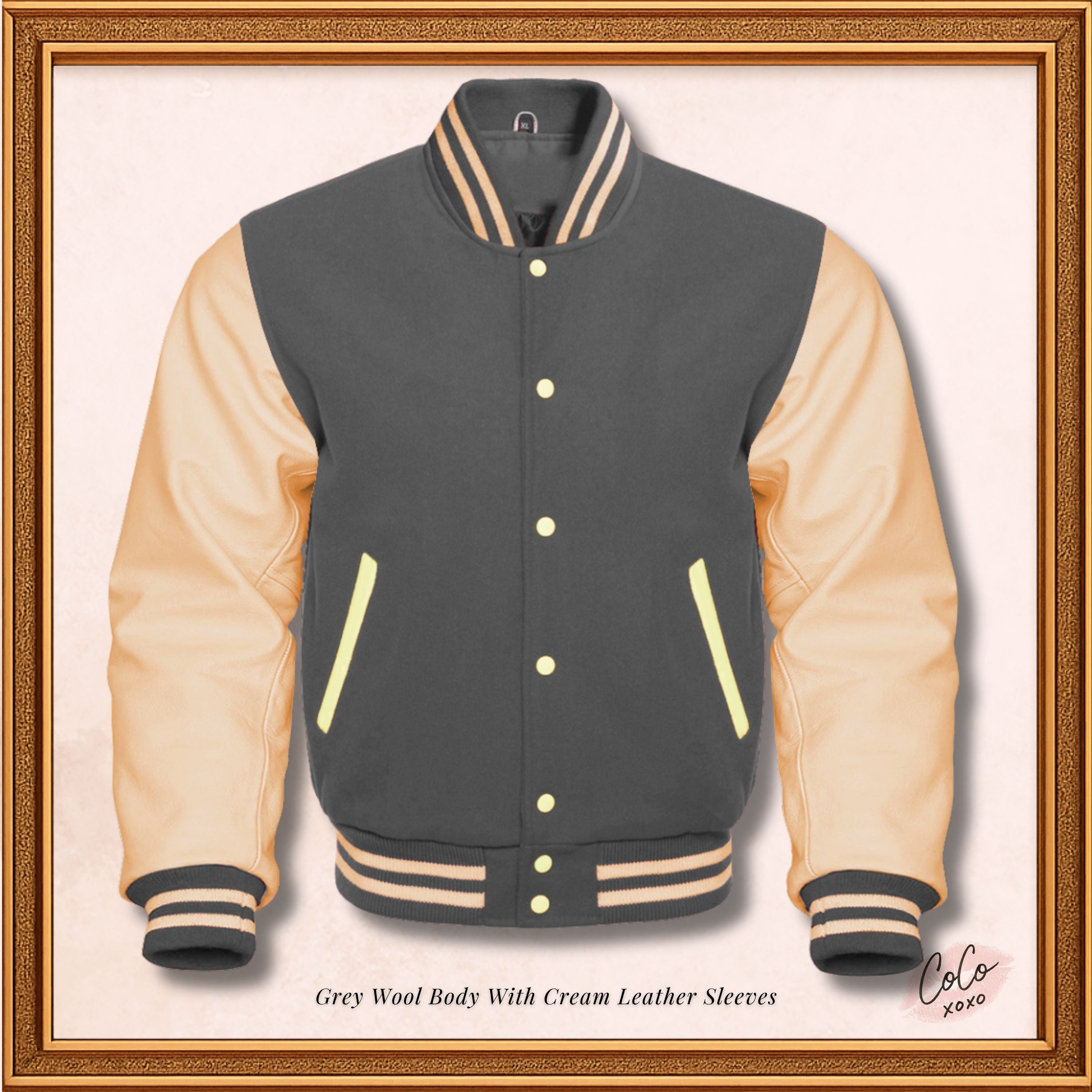 Custom Varsity Bomber Jacket in Dark Gray Wool and Genuine Cream Leather Sleeves, Custom Men’s, Kids Bomber Jacket