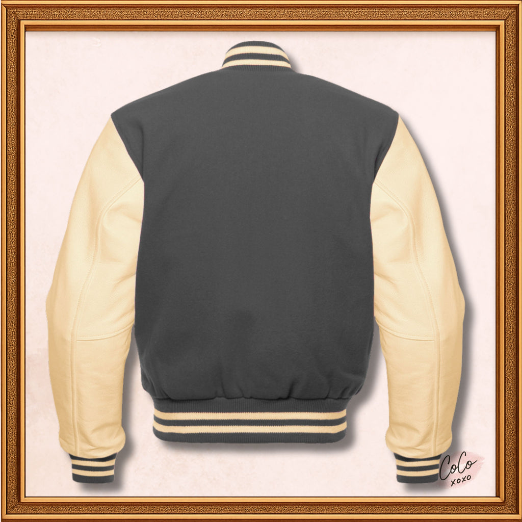 Custom Varsity Bomber Jacket in Dark Gray Wool and Genuine Cream Leather Sleeves, Custom Men’s, Kids Bomber Jacket
