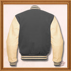 Custom Varsity Bomber Jacket in Dark Gray Wool and Genuine Cream Leather Sleeves, Custom Men’s, Kids Bomber Jacket