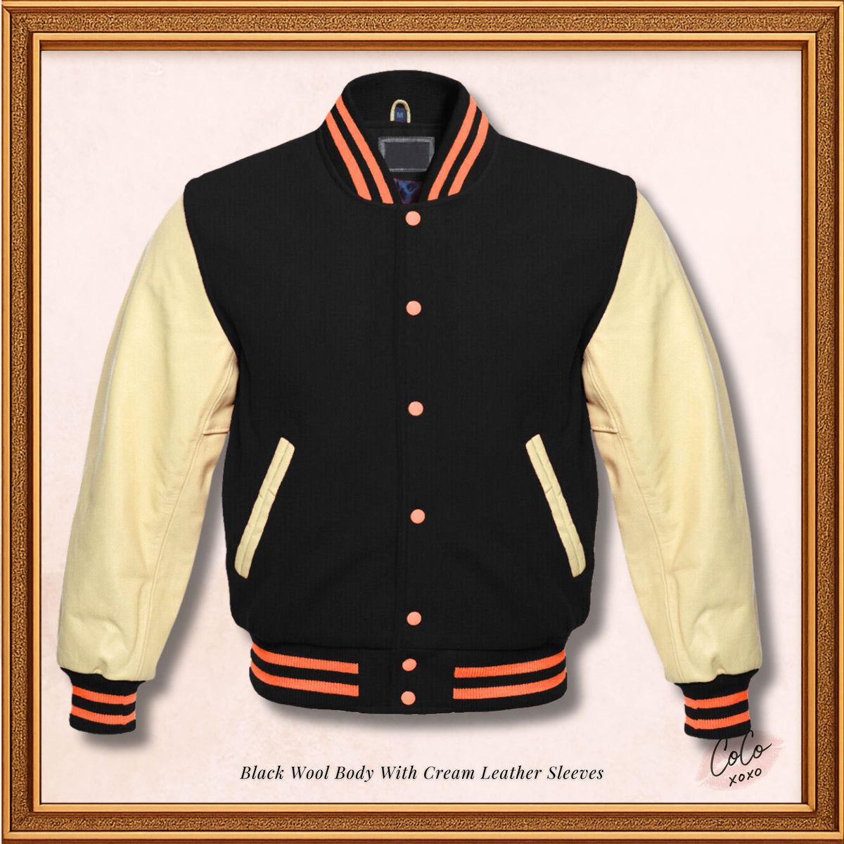 Schwarze College-Jacke aus Wolle und echtem cremefarbenem Leder mit Ärmeln