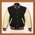 Black Wool and Genuine Cream Leather Sleeves Varsity Jacket