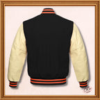 Black Wool and Genuine Cream Leather Sleeves Varsity Jacket