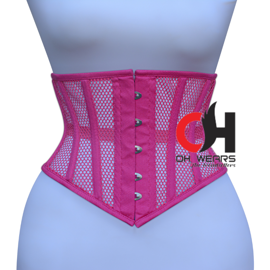 Women Pink Mesh Underbust Corset Steel Boned Waist Cincher Trainer