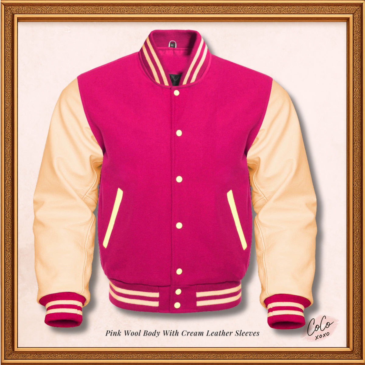 Chaqueta Varsity Mangas De Lana Rosa Y Cuero Genuino Crema