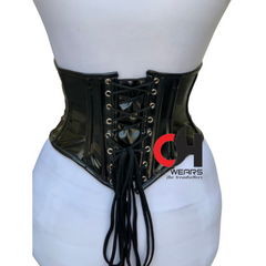 Underbust Black PVC Steel Boned Fashion Corset With Tight Lacing