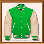 Chaqueta Varsity con mangas de cuero color crema y lana verde loro 