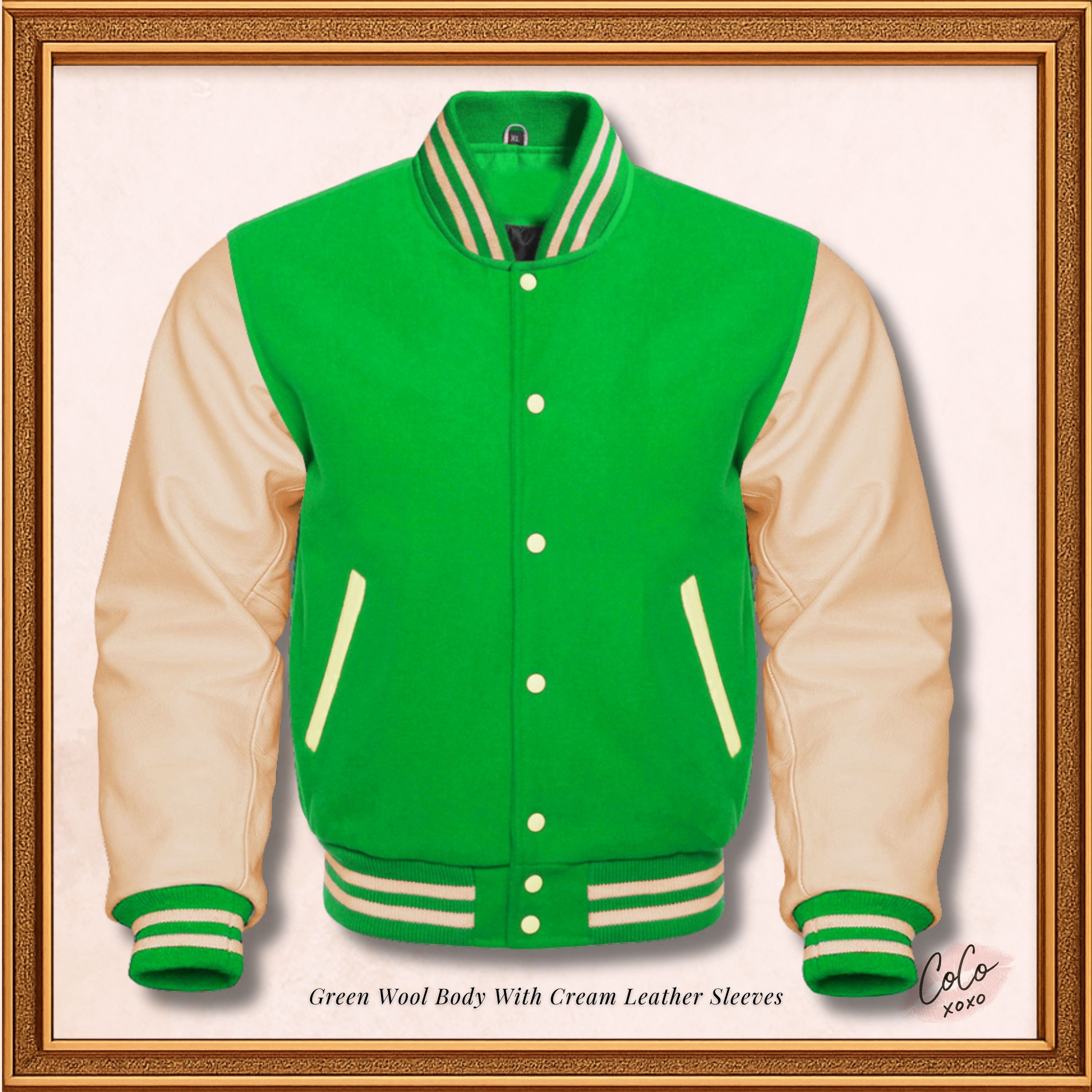 Parrot Green Wool and Genuine Cream Leather Sleeves Varsity Jacket