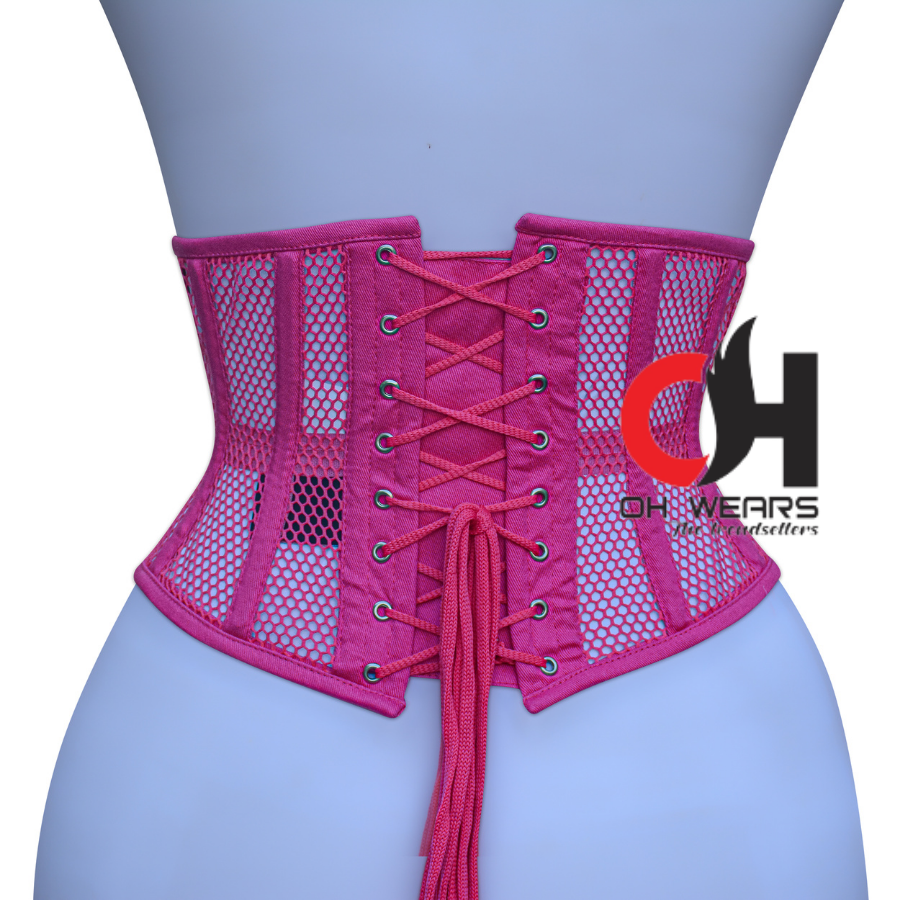 Women Pink Mesh Underbust Corset Steel Boned Waist Cincher Trainer