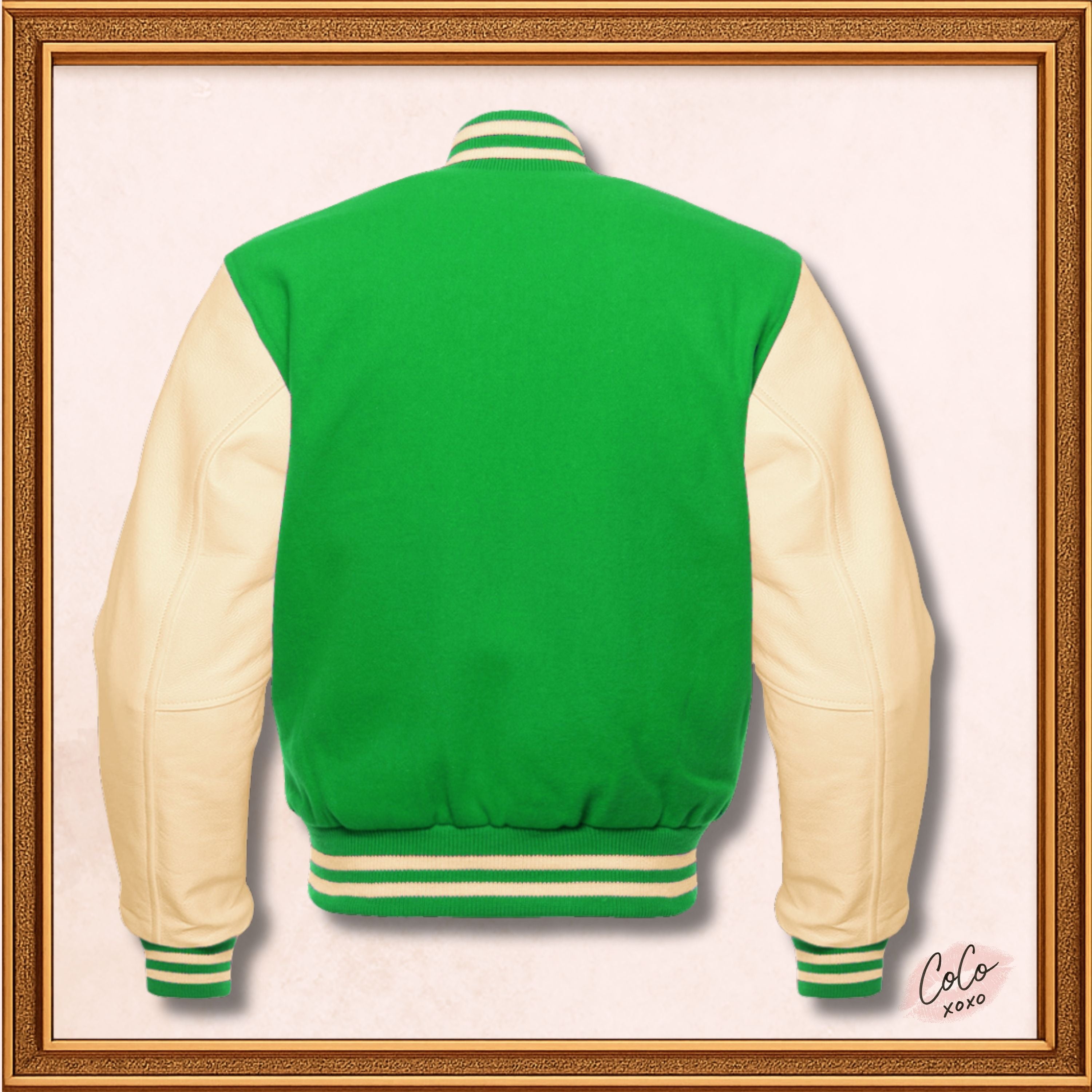 Parrot Green Wool and Genuine Cream Leather Sleeves Varsity Jacket