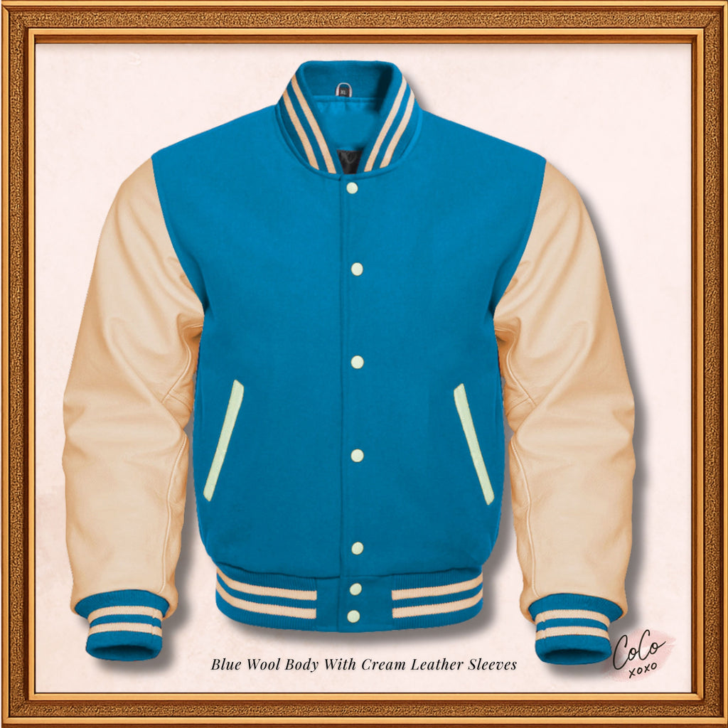 Custom Varsity Bomber Jacket in Blue Wool and Genuine Cream Leather Sleeves, Custom Men’s, Kids Bomber Jacket