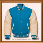 Custom Varsity Bomber Jacket in Blue Wool and Genuine Cream Leather Sleeves, Custom Men’s, Kids Bomber Jacket