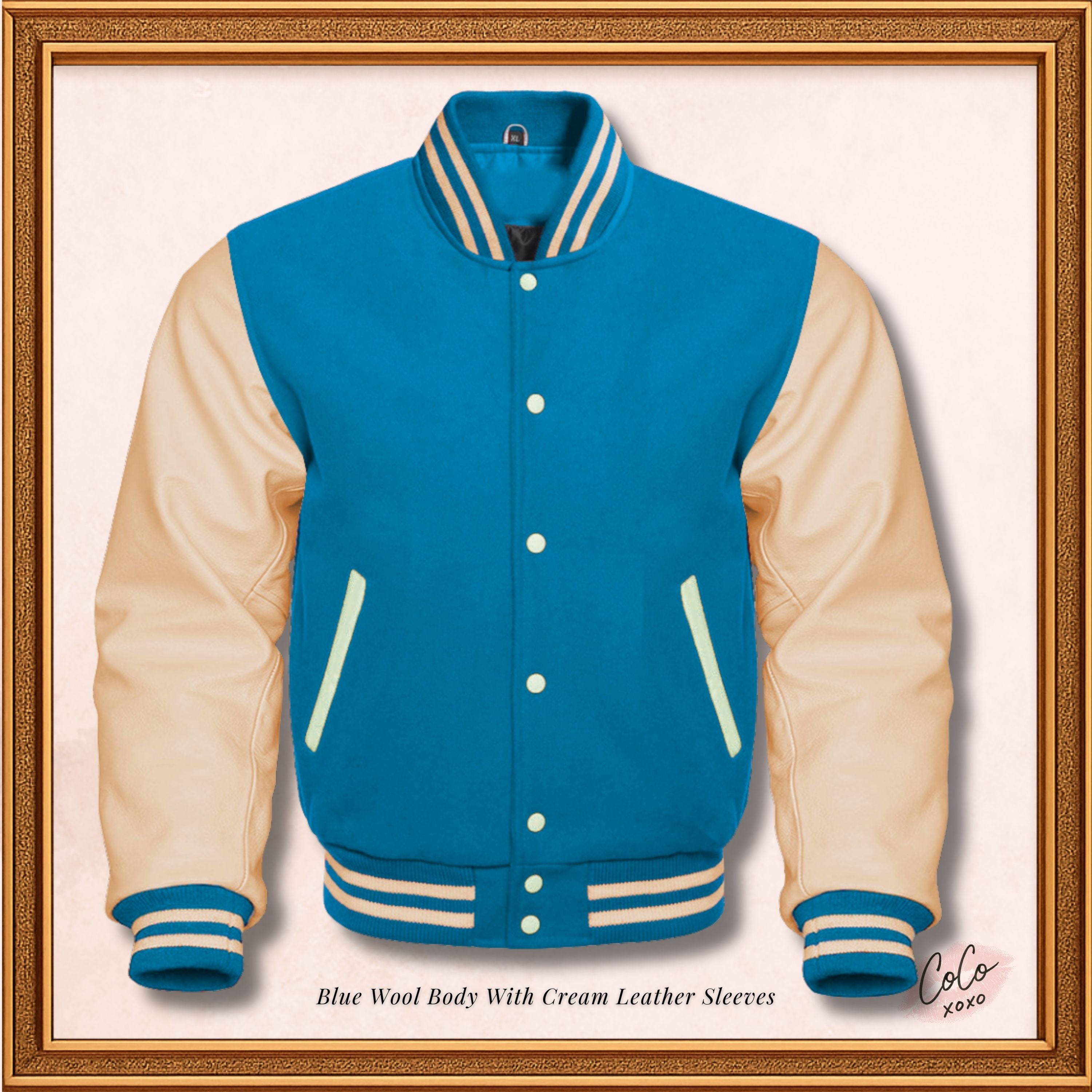 Custom Varsity Bomber Jacket in Blue Wool and Genuine Cream Leather Sleeves, Custom Men’s, Kids Bomber Jacket