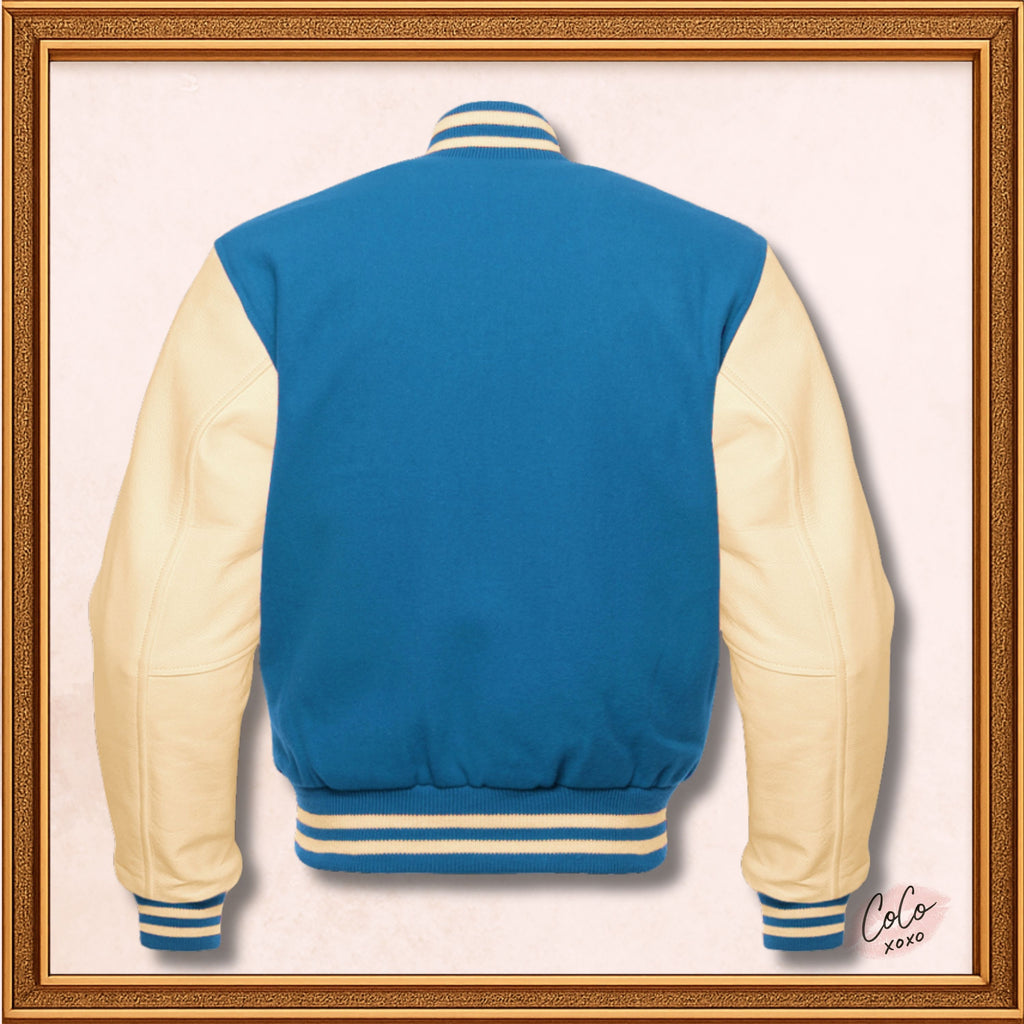 Custom Varsity Bomber Jacket in Blue Wool and Genuine Cream Leather Sleeves, Custom Men’s, Kids Bomber Jacket