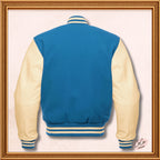 Custom Varsity Bomber Jacket in Blue Wool and Genuine Cream Leather Sleeves, Custom Men’s, Kids Bomber Jacket