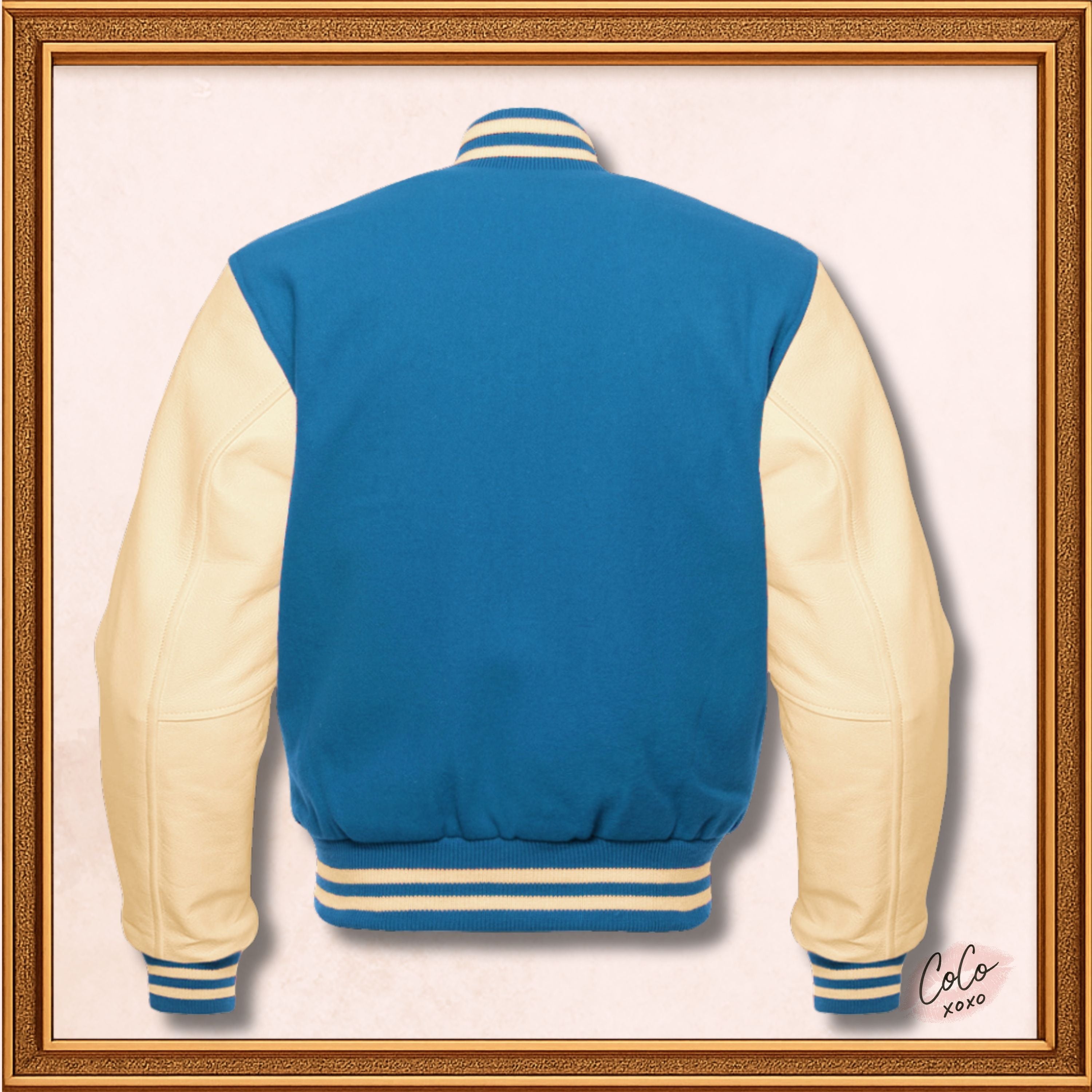 Custom Varsity Bomber Jacket in Blue Wool and Genuine Cream Leather Sleeves, Custom Men’s, Kids Bomber Jacket