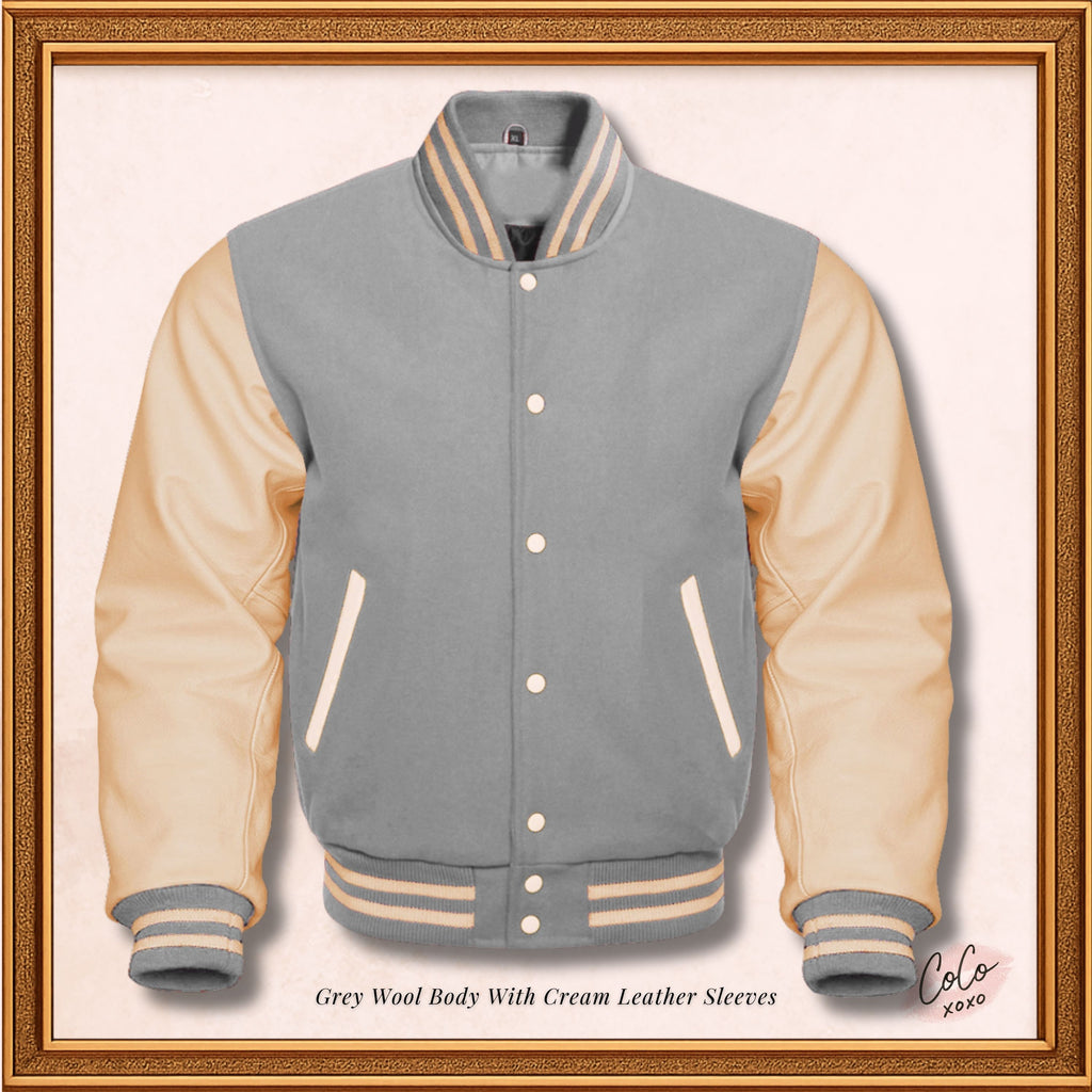 Varsity Bomber in Grey Wool and Genuine Cream Leather Sleeves Jacket, Custom Baseball Bomber Men’s, Women and Kids Jacket