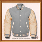 Varsity Bomber in Grey Wool and Genuine Cream Leather Sleeves Jacket, Custom Baseball Bomber Men’s, Women and Kids Jacket