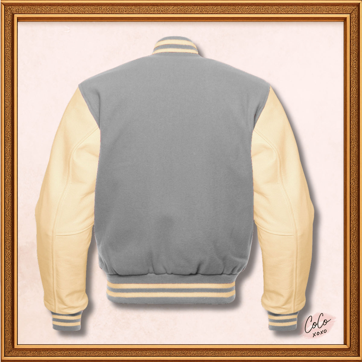 Graue College-Jacke aus Wolle und echtem cremefarbenem Leder mit Ärmeln 