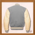 Varsity Bomber in Grey Wool and Genuine Cream Leather Sleeves Jacket, Custom Baseball Bomber Men’s, Women and Kids Jacket