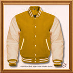 College-Jacke aus gelber Wolle und cremefarbenen Lederärmeln 