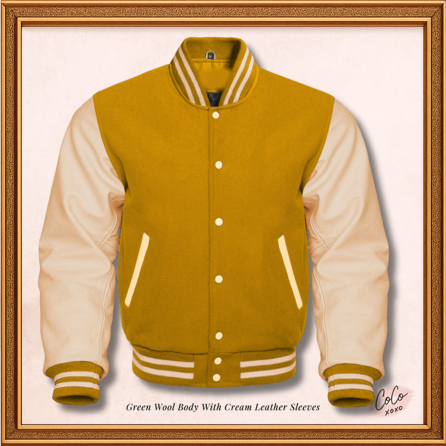 Chaqueta universitaria con mangas de cuero color crema y lana amarilla 